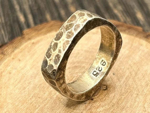 Vintage Mexico Sterling Silver Hammered Square Band Ring Size 7.5 Unisex