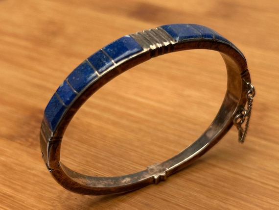 Lapis Lazuli Inlay Bangle, Sterling Silver Hinged Bracelet, 925 Silver Blue Stone, Vintage Jewelry, 6.75 Inch Wrist
