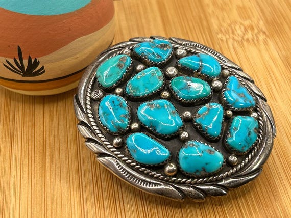 Vintage Navajo Sterling Silver Turquoise Belt Buckle ESM Hallmark