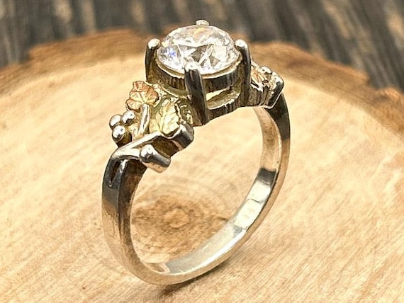 Vintage Black Hills Style Ring Sterling Silver 12k Gold Leaves CZ Solitaire Size 6.75 AND C Co.