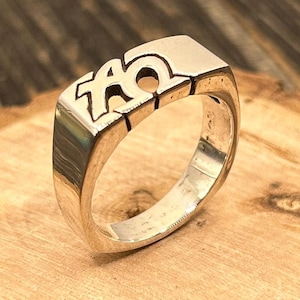 Vintage Sterling Silver Alpha Omega Ring | Modernist Christian Symbolism | Size 9 3/4 | 8g | 1986 Double S Mark