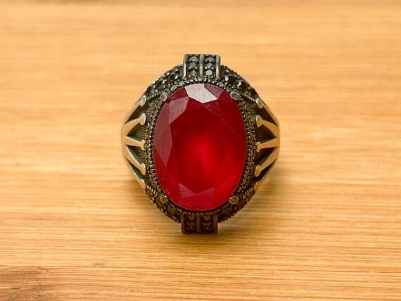 Ornate Sterling Silver Ruby Ring with Marcasite B… - image 2