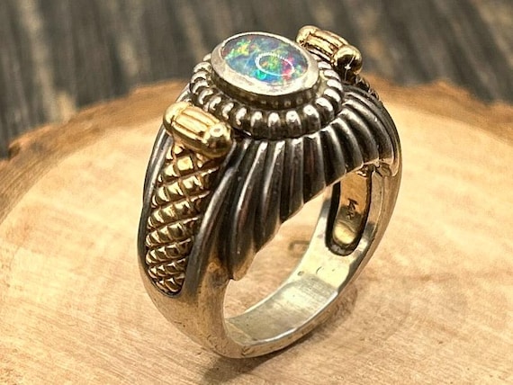Vintage Style Interchangeable Ring - Sterling Silver & Gold Lever Mechanism - Size 5 3/4 Statement Piece with Opal