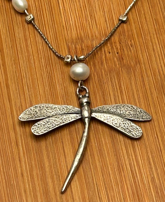 Dragonfly Necklace Israel 925 Sterling Silver & Genuine Pearl Vintage