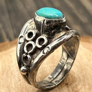 Vintage Southwestern Turquoise Ring, Robert Platero Navajo Style Silver Ring, Size 7 Statement Jewelry