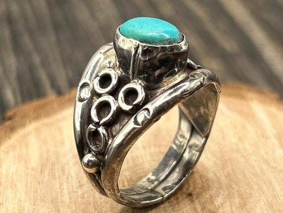 Vintage Southwestern Turquoise Ring, Robert Platero Navajo Style Silver Ring, Size 7 Statement Jewelry