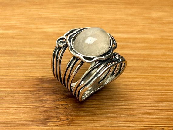 Didae Israel Moonstone Sterling Silver Strand Ring, 925 Israel, Unique Floral & Swirl Accents, Size 6.5