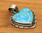 Heart Shaped Inlaid Blue Opal Sterling Silver Pendant, 8.6 Grams