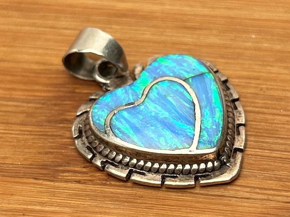 Heart Shaped Inlaid Blue Opal Sterling Silver Pendant, 8.6 Grams