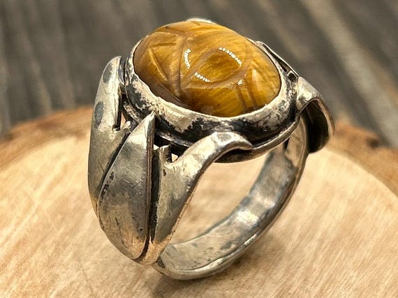 Vintage Sterling Silver Carved Tiger's Eye Scarab Ring with Lotus Flowers, Egyptian Revival Statement Jewelry, Size 8 1/4, WK Maker's Mark