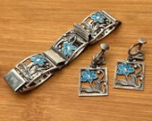Vintage Danish Sterling Silver and Blue Enamel Floral Set - Marked Denmark 309 M - Bracelet & Screw Back Earrings
