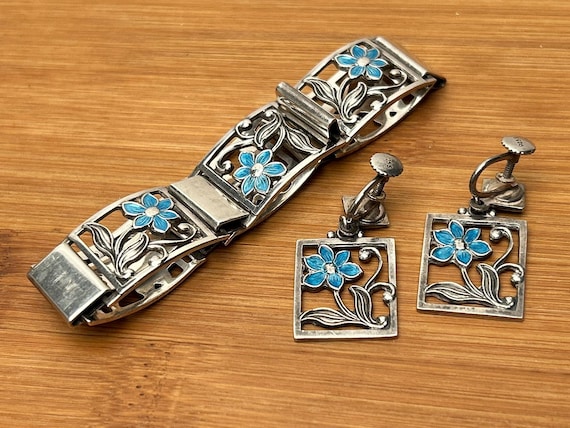 Vintage Danish Sterling Silver and Blue Enamel Floral Set - Marked Denmark 309 M - Bracelet & Screw Back Earrings