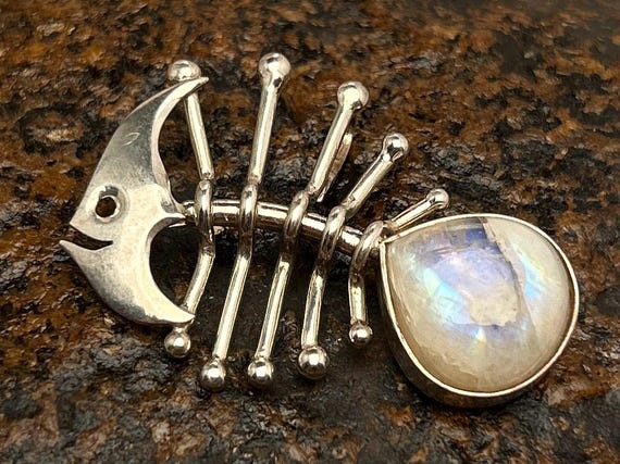 Artisan Sterling Silver Fish Skeleton Pendant with Rainbow Moonstone, Unique Handmade Jewelry Gift