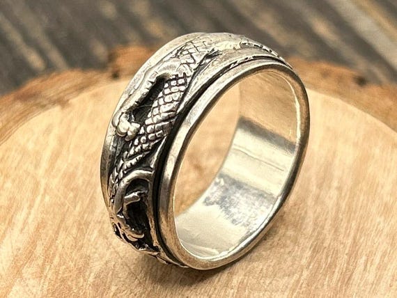 Majestic Sterling Silver Dragon Spinner Ring, Size 8 1/4, Mythical Jewelry, Anxiety Relief Band, Unique Gift for Him, Celtic Inspired