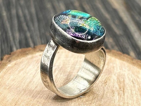 Vintage Mexican Sterling Silver Dichroic Glass Bypass Ring, Modernist 925 Art Glass Wrap Band