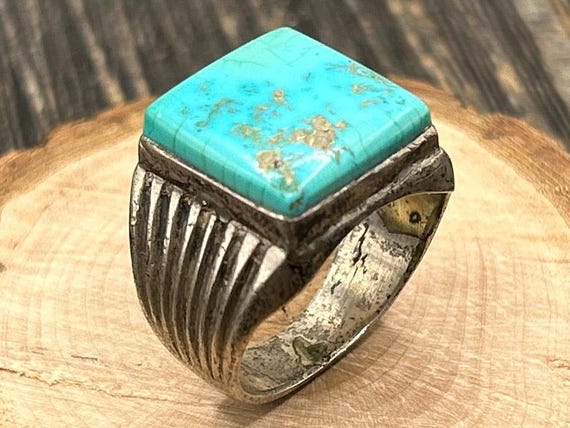 Vintage Cast Navajo-Style Turquoise Statement Ring, Size 9.5, Sterling Silver Style, Natural Stone