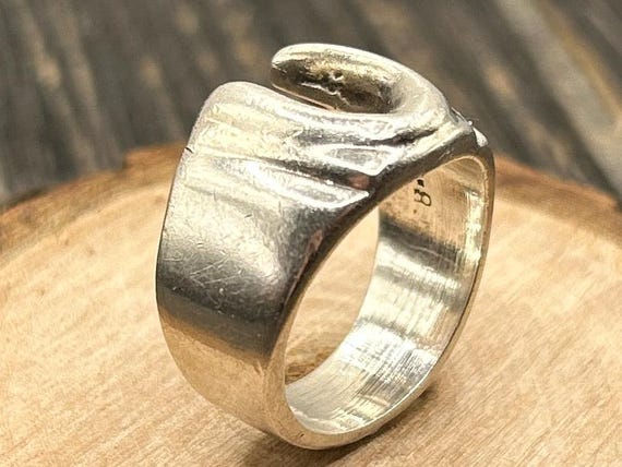 Vintage Taxco Mexico Silver Ring, Chunky Modernist Abstract Design, Signed Sterling Style, Size 8 1/4 Statement Jewelry