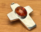 Bold Statement Sterling Silver & Amber Cross Pendant