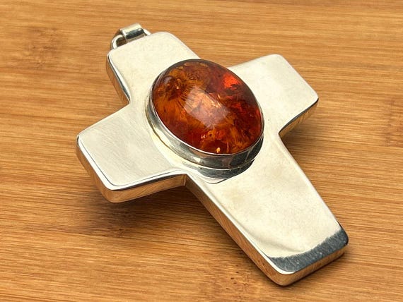 Bold Statement Sterling Silver & Amber Cross Pendant