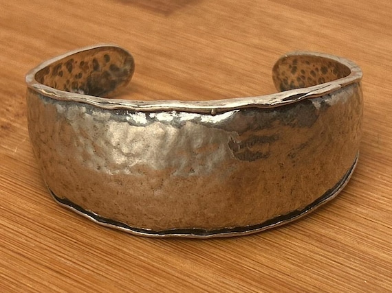 Vintage Israeli Sterling Silver Cuff Bracelet, Hand Hammered Wide Band, Modernist Design, Israel 925, Artisan Jewelry