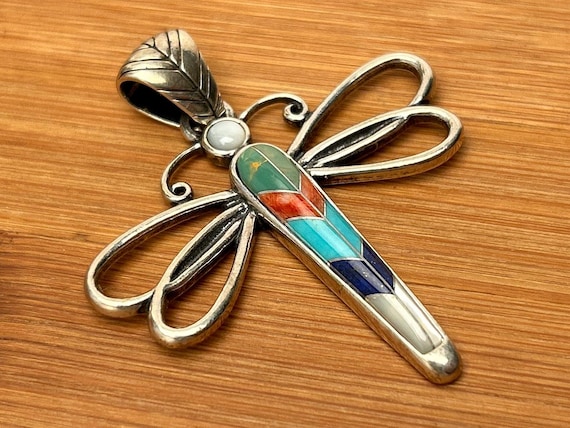 Southwestern Inlay Dragonfly Pendant, Carolyn Pollack Relios .925 Silver, Multi-Stone Nature Jewelry