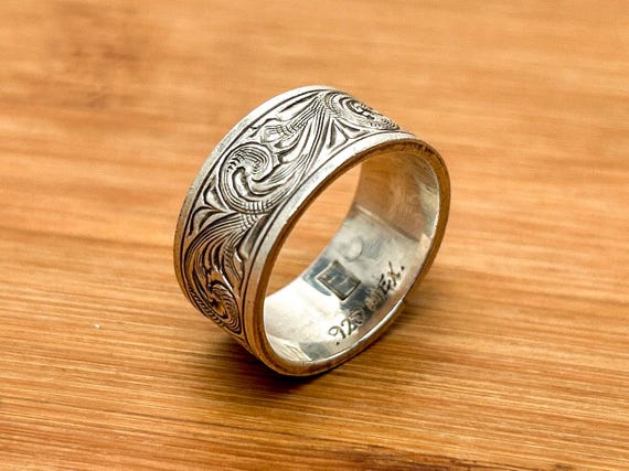Vintage Mexican Sterling Silver Ring, Organic Wave Feather Design, Size 9 1/4, 8.3 Grams, Artisan Crafted, 925 Silver Jewelry