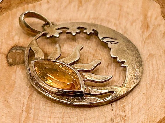 Celestial Citrine Pendant - Sterling Silver Moon & Sun Necklace, Citrine Marquise Gemstone, Boho Spiritual Jewelry
