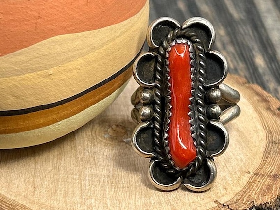 Vintage Southwest Native American Sterling Silver Red Mediterranean Coral Ring