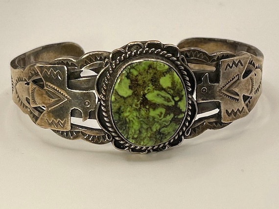Navajo Albert Payton Sterling Silver Cuff Bracelet Green Turquoise Thunderbird Stampwork 6.5 Inch