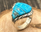 NOS Robert Sherman "Dusty Trails" Grooved Kingman Turquoise Inlay Ring, Sterling Silver, Size 8.5, Southwestern Jewelry