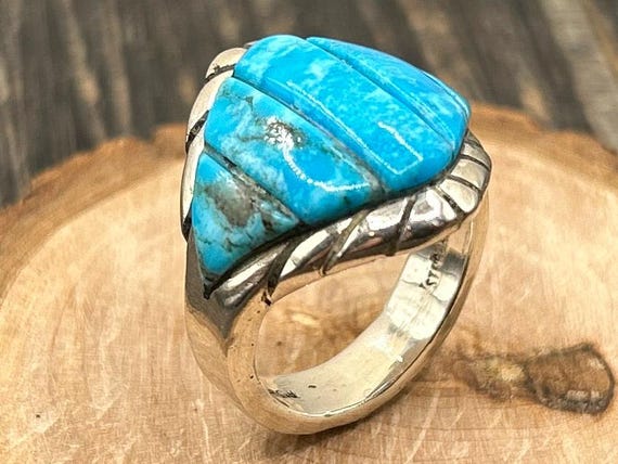 NOS Robert Sherman "Dusty Trails" Grooved Kingman Turquoise Inlay Ring, Sterling Silver, Size 8.5, Southwestern Jewelry