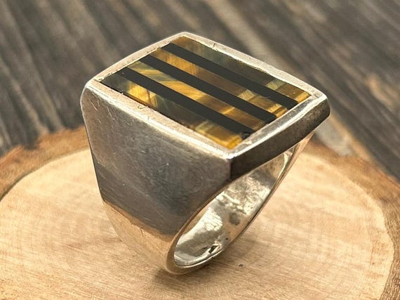 Vintage Sterling Silver Tiger's Eye & Onyx Inlay Ring, Size 10-10.25