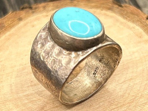 Vintage Southwestern Turquoise Ring, Native Inspired, Hammered Sterling Silver