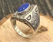 Vintage Sterling Silver Lapis Lazuli Northwest Coast Native American Ring, Size 8 3/4