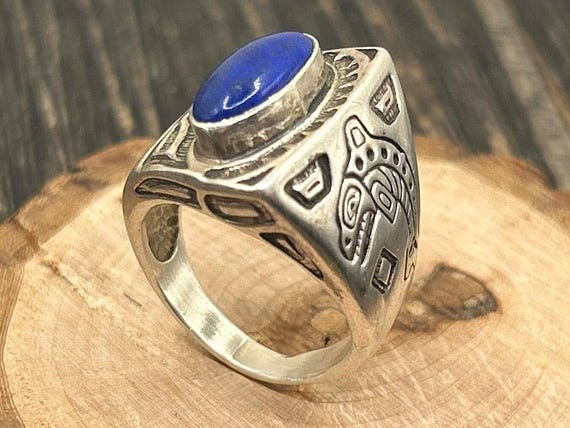Vintage Sterling Silver Lapis Lazuli Northwest Coast Native American Ring, Size 8 3/4