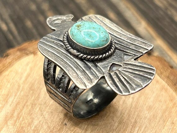 VINTAGE Sterling Silver Navajo Turquoise Thunderbird Ring, Men's Native American Jewelry