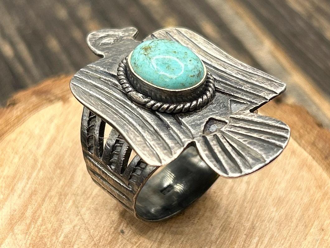 アクセサリー vintage Navajo Thunderbird Ring VINTAGE Sterling Silver Navajo Turquoise Thunderbird Ring, Men's