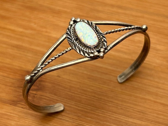 Navajo Opal Cuff Bracelet, Sterling Silver Twisted Wire Vintage Southwest Jewelry