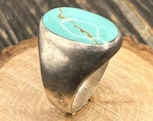 Men's Mexican Silver Turquoise Ring, Size 11.75, Heavy 18g, Modernist Bezel