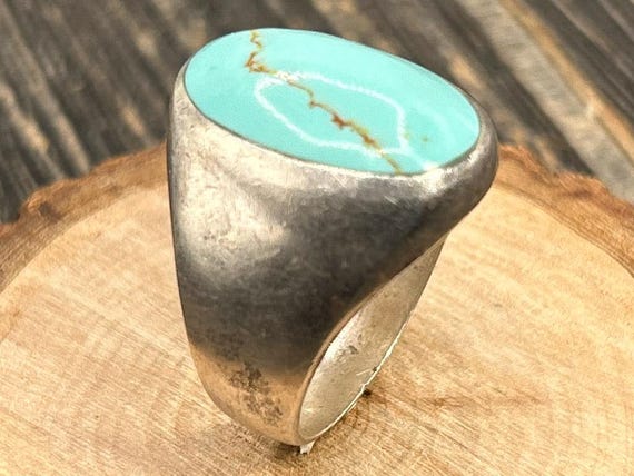 Men's Mexican Silver Turquoise Ring, Size 11.75, Heavy 18g, Modernist Bezel