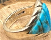 The R. Sherman mark on NOS Robert Sherman "Dusty Trails" Grooved Kingman Turquoise Inlay Ring, Sterling Silver, Size 8.5, Southwestern Jewelry