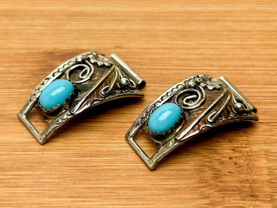 Navajo Sterling Silver Women's Watch Tips by Richard Begay - Floral Motif with Sleeping Beauty Turquoise