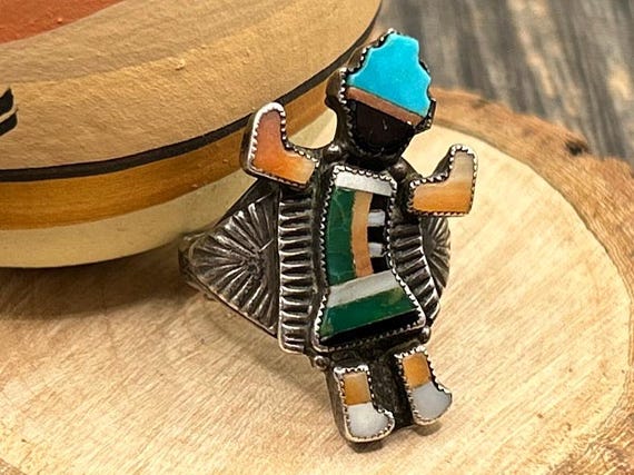 Vintage Zuni Kachina Dancer Ring | Sterling Silver Channel Inlay with Turquoise, Jet, & Shell | Size 6 1/4 Native American Figural Jewelry
