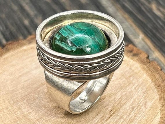 Vintage Sterling Silver Malachite Ring Set, Unique Two Piece Interlocking Braided Band