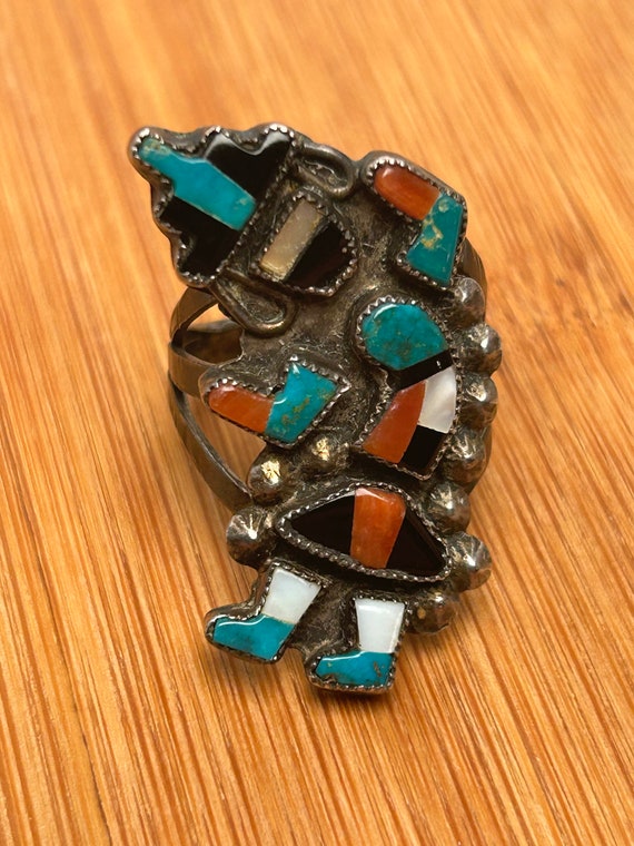 Zuni Rain Dancer Ring Sterling Silver Inlaid Stone