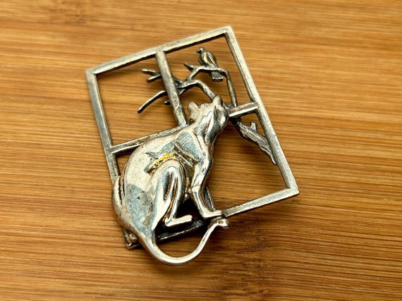 Sterling Silver MFA Cat and Bird Window Pin