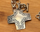 Retired Silpada Sterling Silver Cross Pendant with Southwestern Motif & 17" Rolo Chain