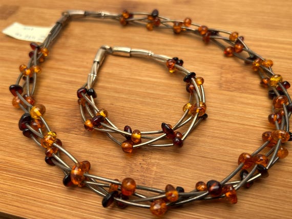 Baltic Amber Sterling Silver Necklace & Bracelet Set, Liquid Silver, Mid-Century Modern, Poland