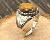 Sterling Silver Men's Tiger's Eye Ring, Statement Ring, Size 9.75