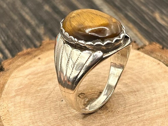 Sterling Silver Men's Tiger's Eye Ring, Statement Ring, Size 9.75